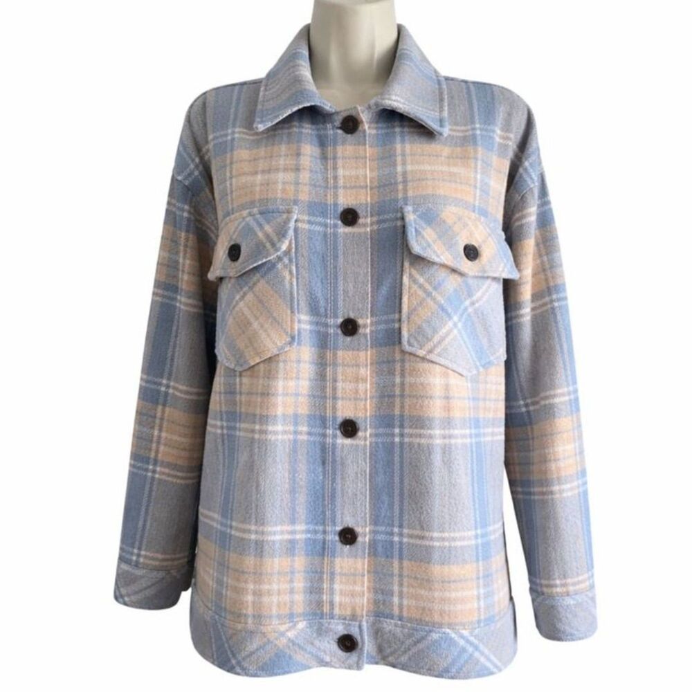 Boston Traders Shacket Womens L Blue Beige Plaid Flannel Button Shirt Jacket - Picture 2 of 12